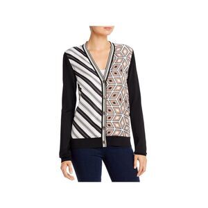 NWT TORY BURCH Womens Black Stretch Silk Front Long Sleeve Button Up Sweater L